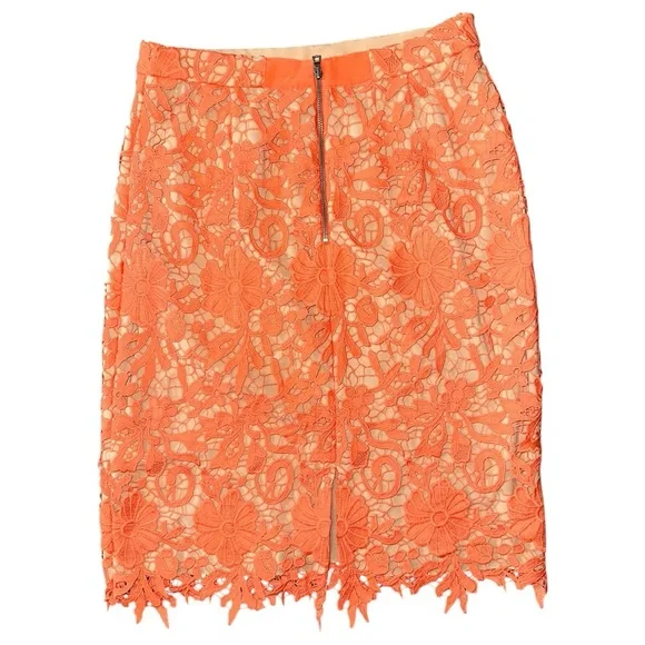 Alice + Olivia Women’s Size 6 Orange Crochet Lace Nude Knee Length Pencil Skirt - Picture 5 of 9